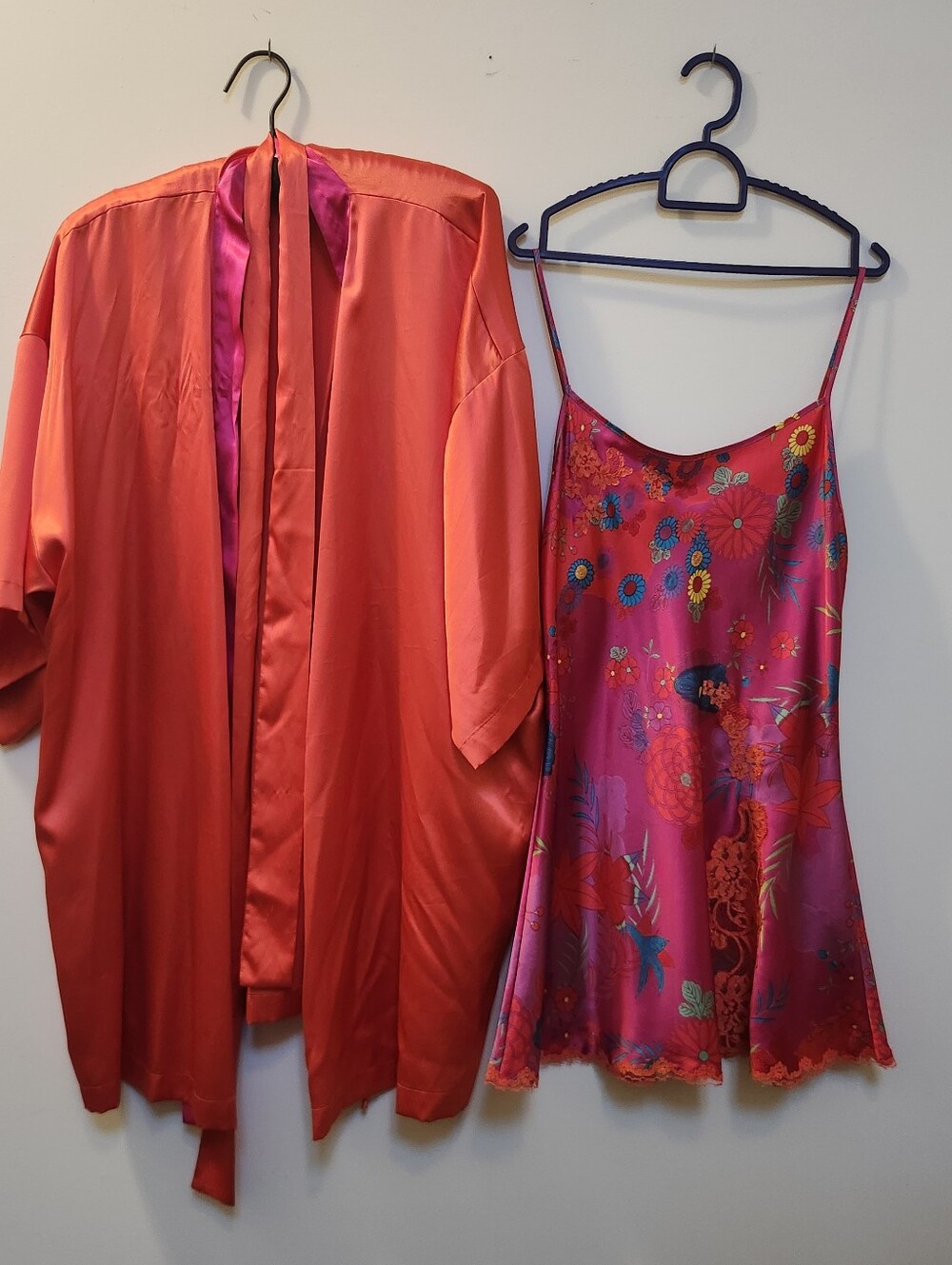 "Vintage Victoria's Secret" Silk-Feel Red Orange Floral Slip Dress and Robe Set
